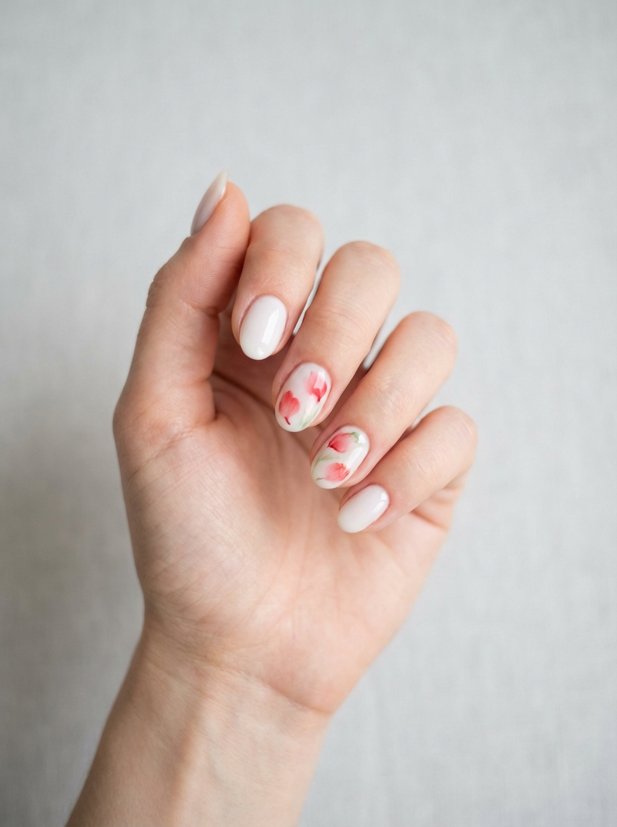 Close-up of a hand featuring subtle white nails and two with hand-painted red floral art, revealing a refined cute red nail art idea.