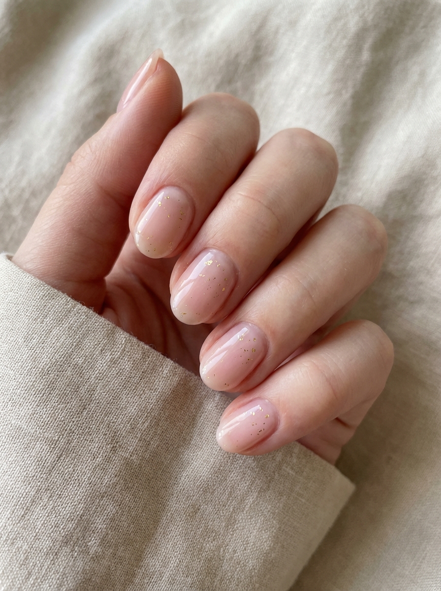 Close-up of natural nails in a pale pink base with fine gold shimmer, held near a neutral-toned fabric—an ethereal simple spring nail art idea.