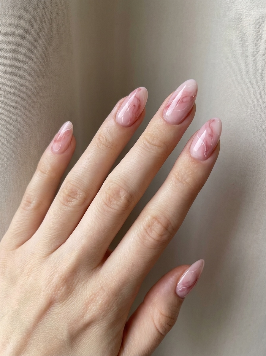 Hand with long almond-shaped nails featuring a pink and white nail art idea in a soft marble swirl design with a glossy finish.