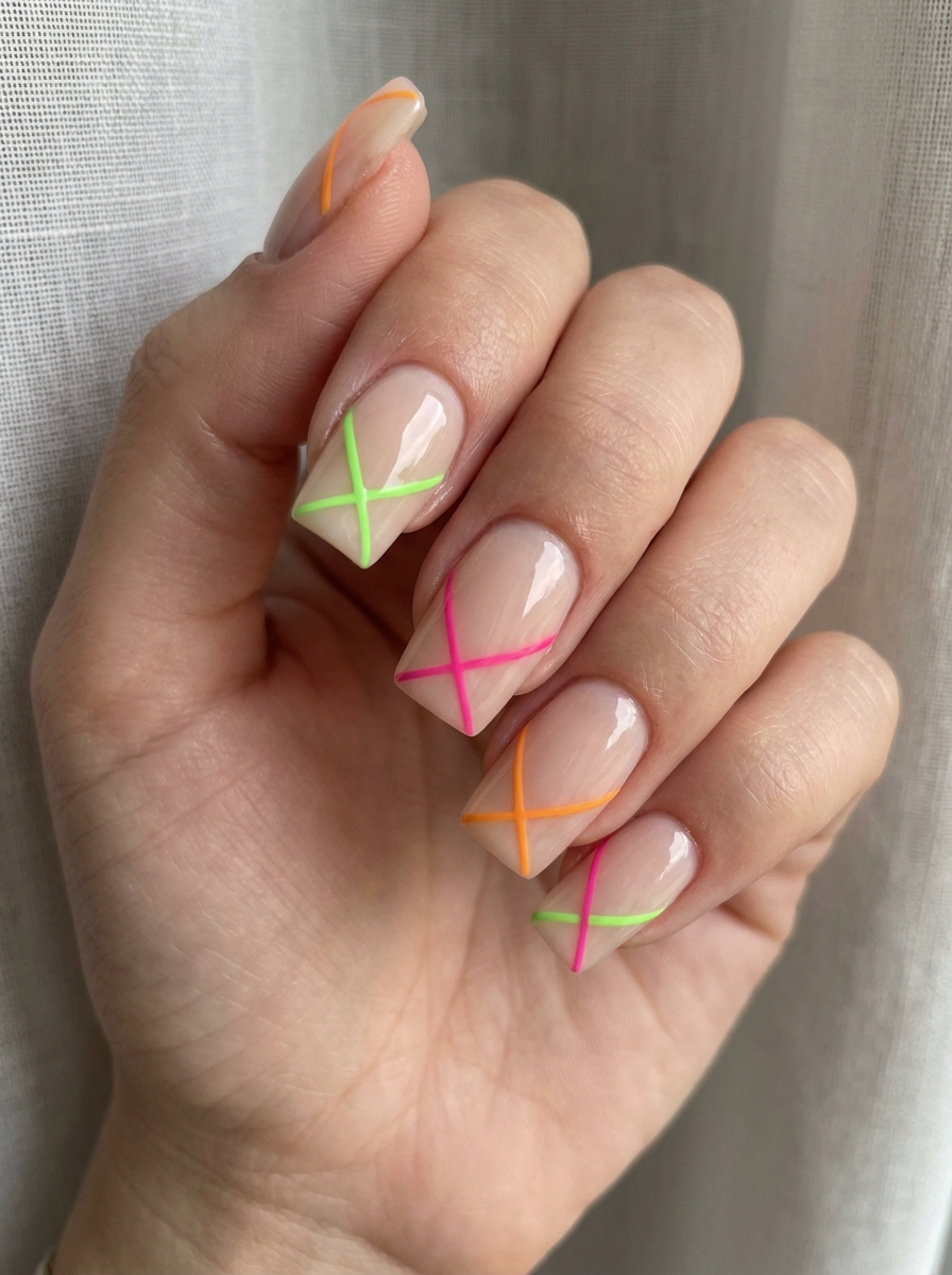 Hand showing square nude nails with neon green, pink, and orange crisscross lines, capturing a playful spring break nail art idea with retro energy.