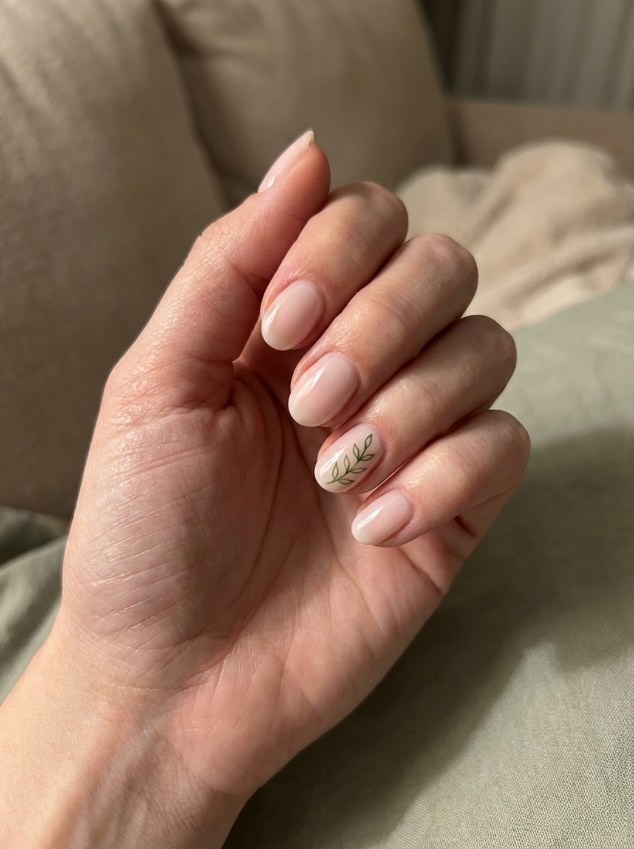 Close-up of a hand with glossy, nude-toned nails and a tiny green leaf painted on one finger—perfect for a subtle simple spring nail art idea.
