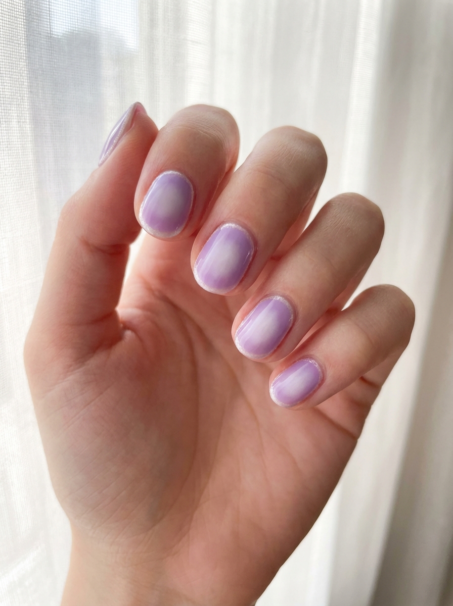Lavender nail art idea with soft ombré blending from pale violet to natural nail tone on short, rounded nails.