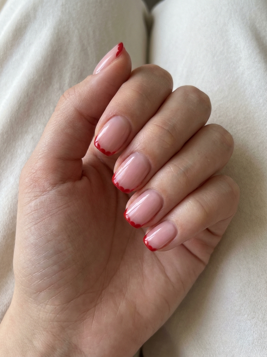 Close-up of a cute red nail art idea with elegant red scalloped lace tips over soft pink polish, evoking a delicate, romantic vibe.