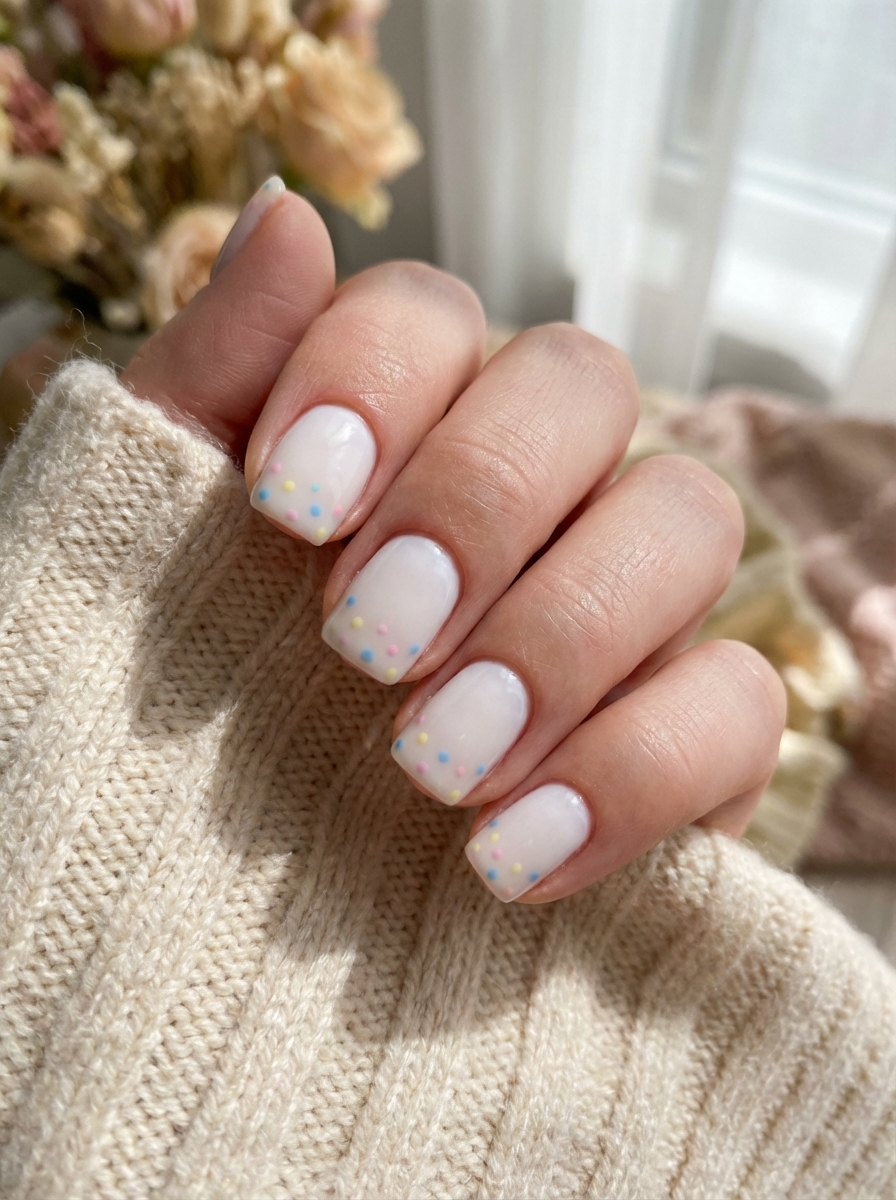 Hand with short square nails painted in a soft white base topped with colorful confetti dots—playful and pretty simple spring nail art idea.