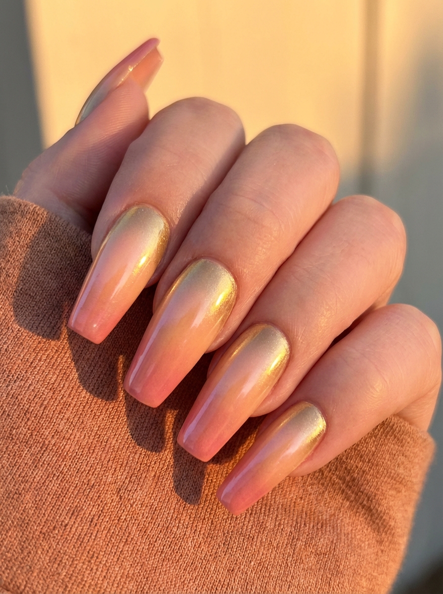 Feminine hand with glowy gradient nails in shimmering blush and golden tones, showcasing a radiant spring break nail art idea in warm lighting.