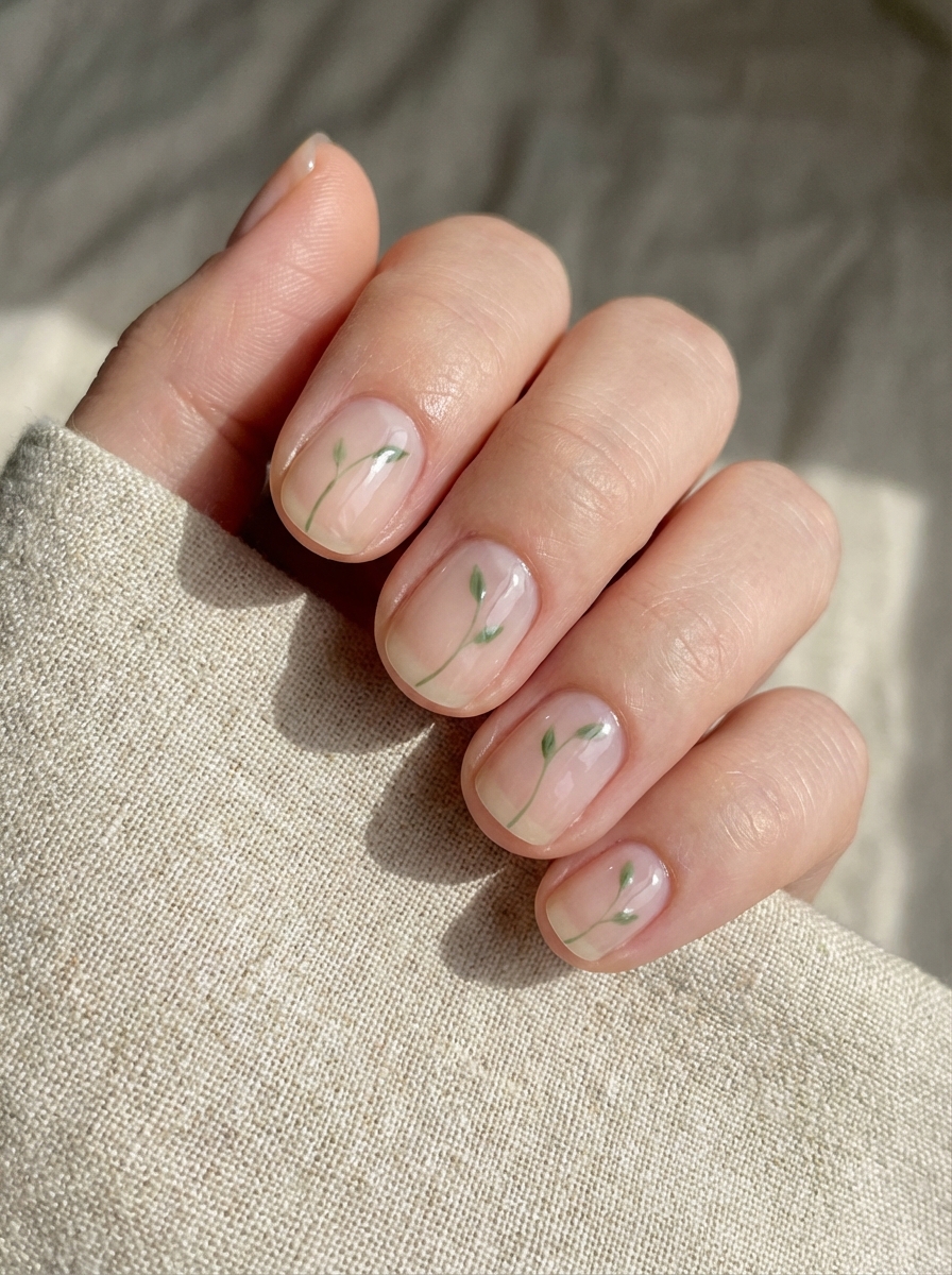 Close-up of nude nails painted with subtle green botanical lines for an understated yet elegant simple spring nail art idea.