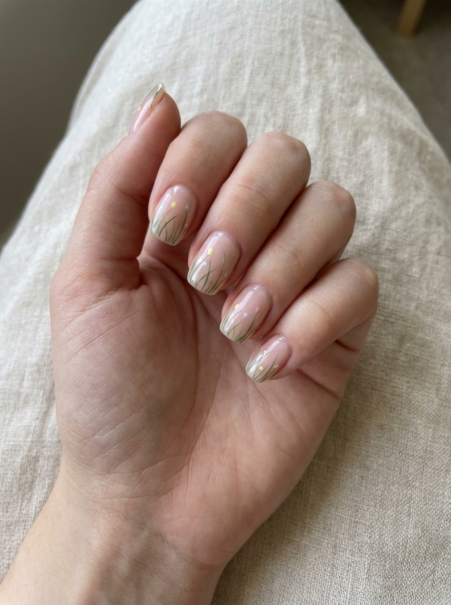 Close-up of a delicate hand with Easter nail art idea, showcasing green grass-like strokes and pastel dot blossoms over sheer nude polish.