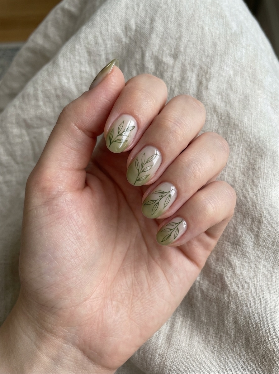 Natural nails painted in an olive green nail art idea with gradient green tips and hand-drawn foliage on each nail, resting on a linen surface.