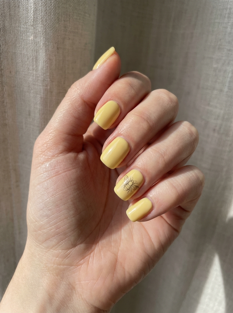 Spring yellow manicure with bee illustration as a soft and simple spring nail art idea.