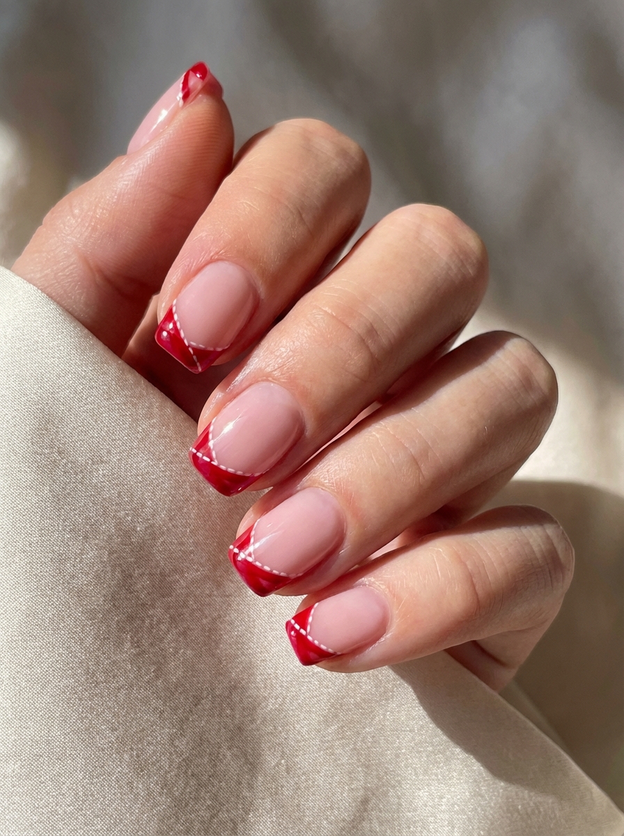 Cute red nail art idea featuring angled French tips with stitched detailing on a nude base for a modern, tailored manicure look.