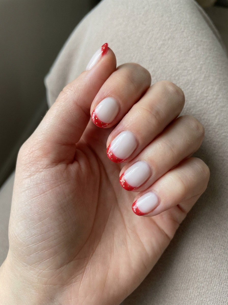 Cute red nail art idea with dotted red French tips on short natural nails, resembling strawberry details for a sweet summer look.