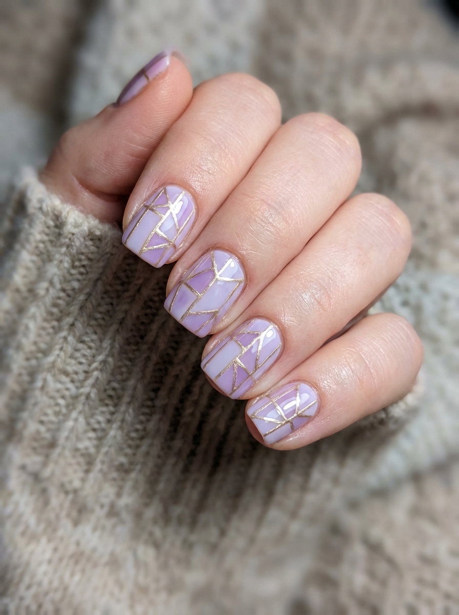 Lavender nail art idea showcasing gold geometric accents over a soft purple base for a bold, structured manicure.