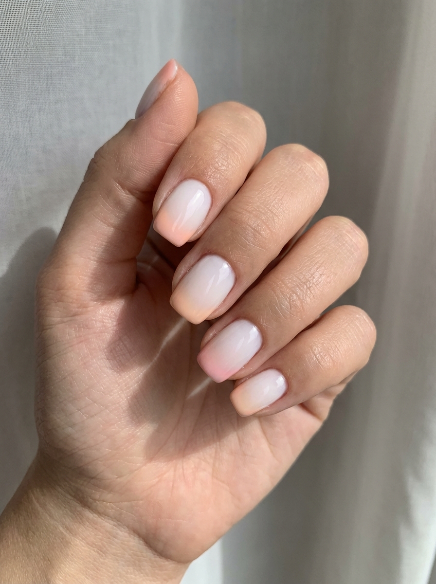 Minimalist nails with pastel white-to-peach ombré as a simple spring nail art idea.