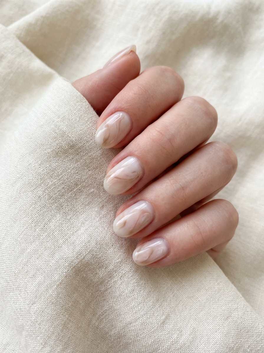 Close-up of almond-shaped nails painted in a marbled nude and beige design, illustrating a simple spring nail art idea against a neutral fabric background.