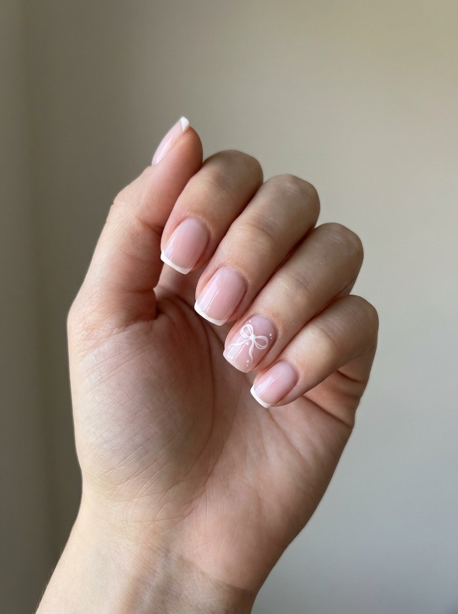 Pink and white nail art idea with classic French tips and a small white bow accent on the ring finger.