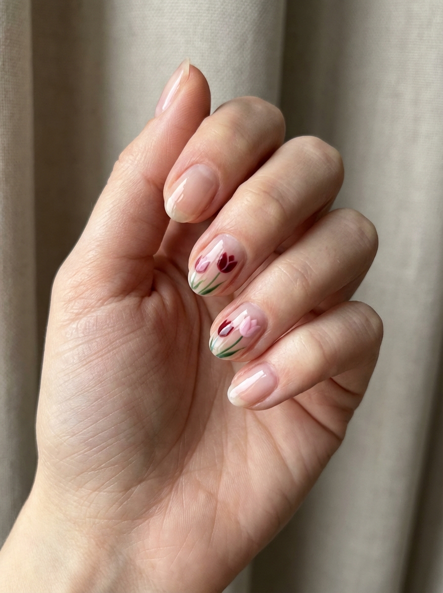 Hand with natural almond nails and delicate tulip blooms in muted pinks and burgundy—an elegant simple spring nail art idea with romantic, floral detailing.