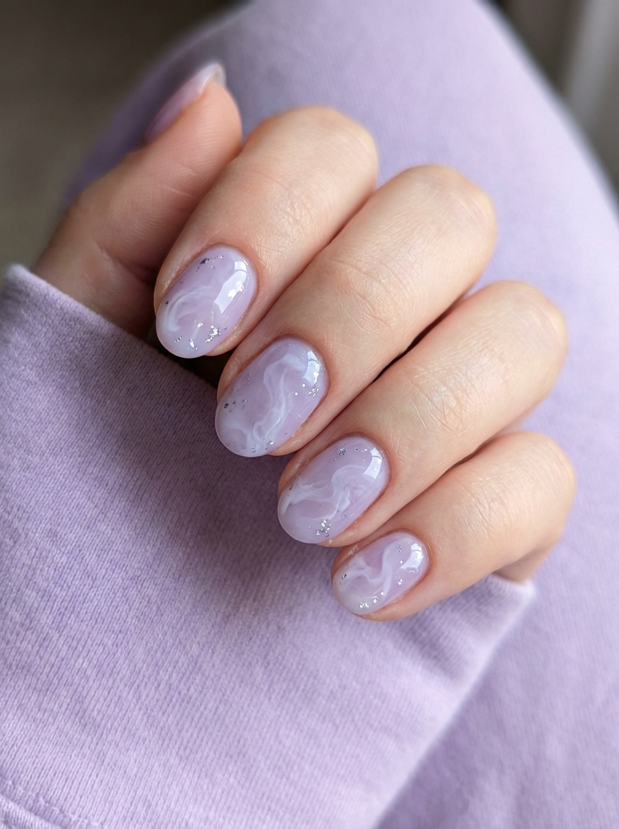 Close-up of a trendy lavender nail art idea showing marbled white waves over pastel lilac nails with scattered silver glitter flakes.