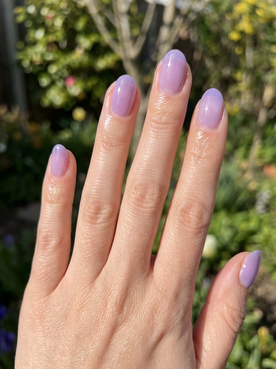 A trendy set of glossy nails featuring a purple ombré effect in natural sunlight, perfect for a versatile simple spring nail art idea.