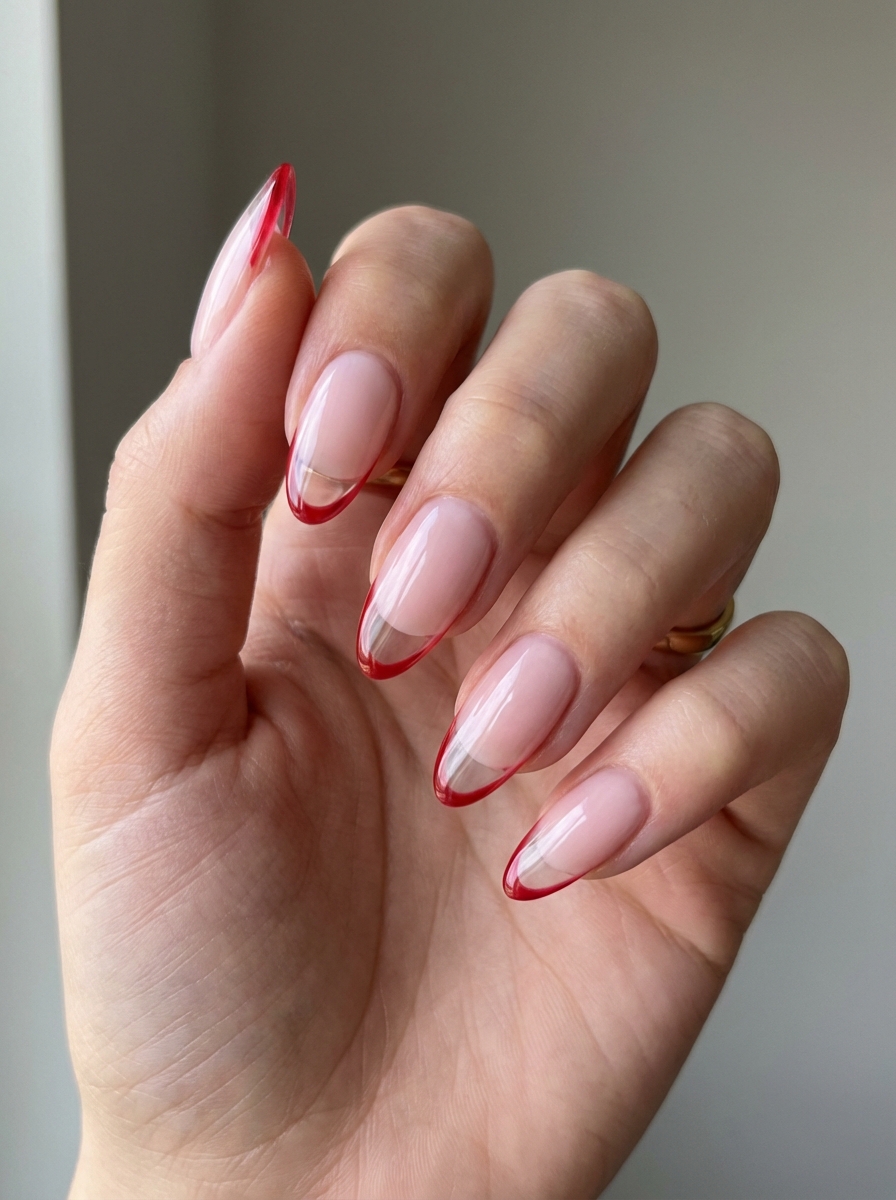 A close-up of a hand with almond-shaped nails featuring sheer nude polish and ultra-thin red French tips, showcasing a minimalist cute red nail art idea.