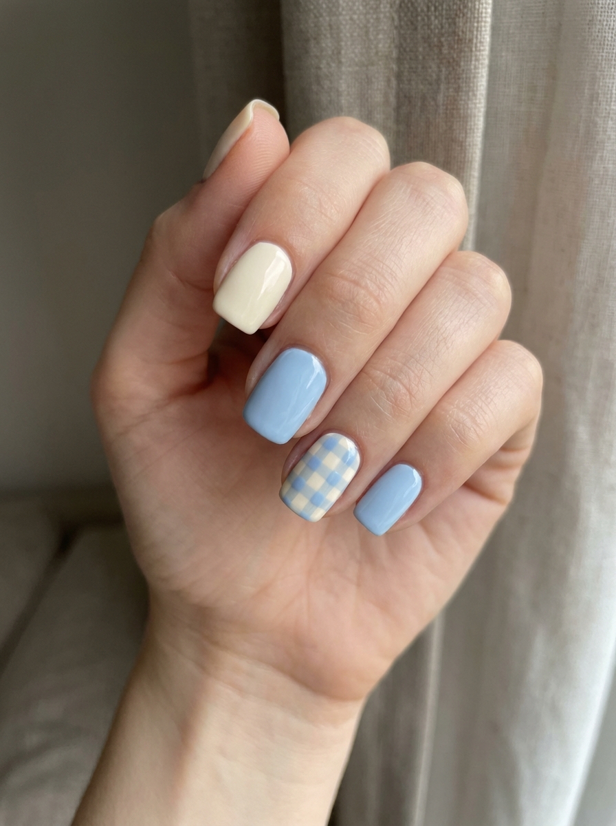 Hand showing glossy pastel nails in soft blue and creamy yellow, with a gingham-patterned accent nail, styled as a playful simple spring nail art idea.