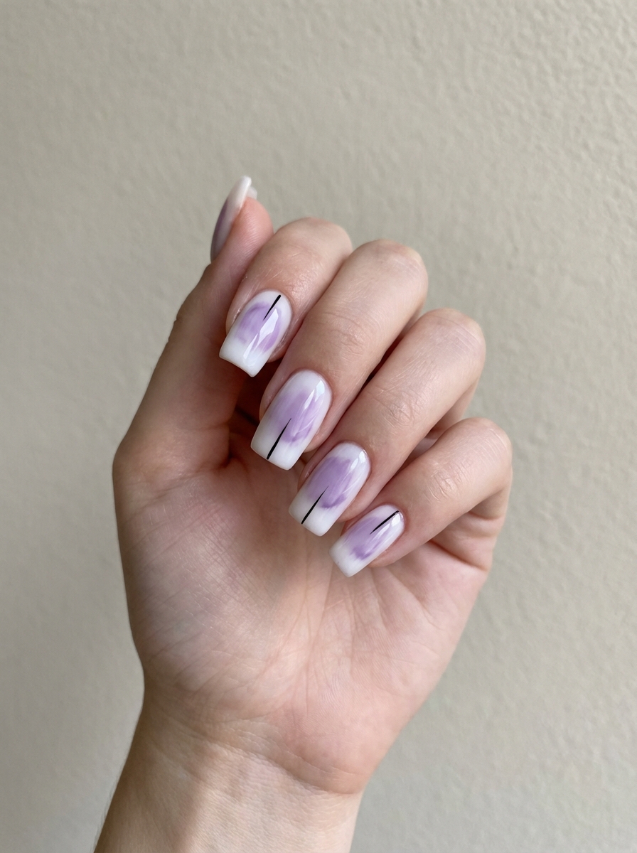 Woman’s hand showcasing a dreamy lavender nail art idea with soft lilac brushstroke details and clean vertical black lines over neutral-toned nails.
