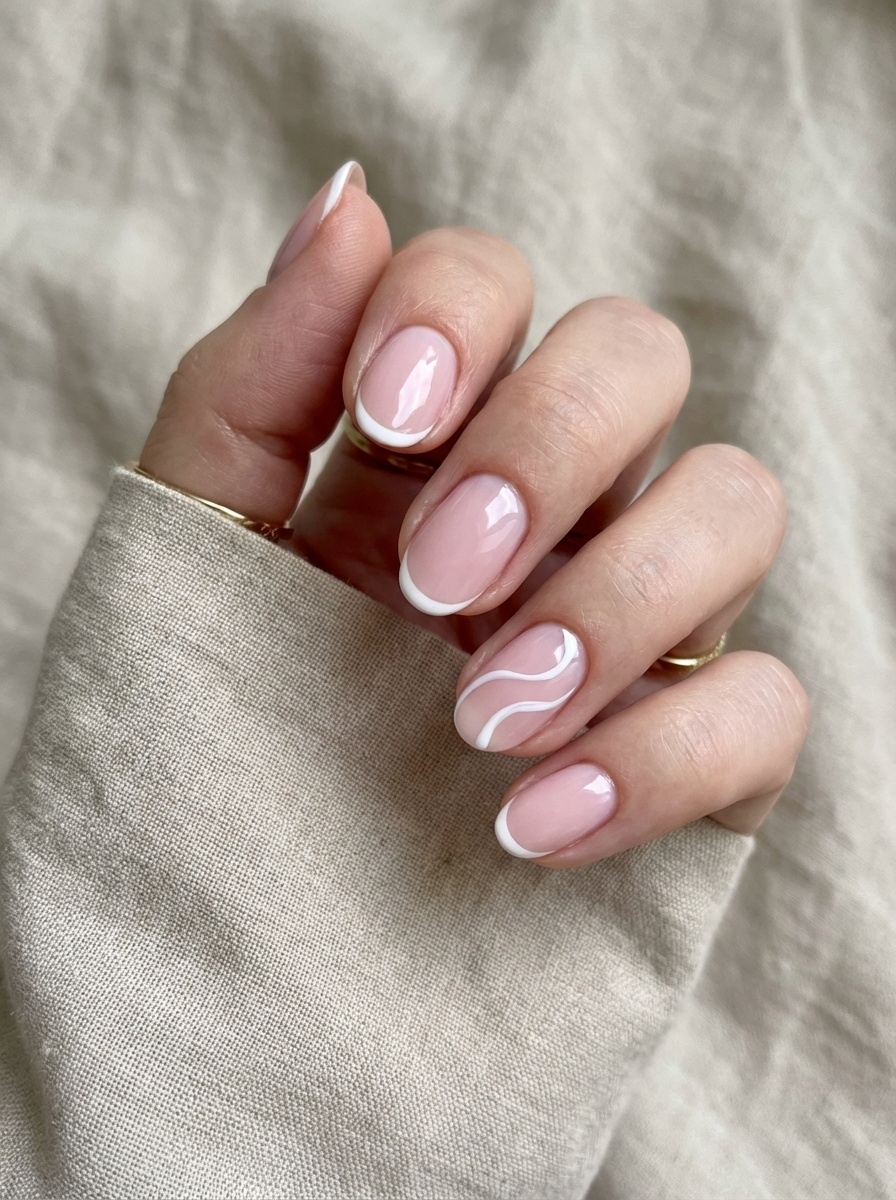 Fingers resting gently on fabric, featuring a pale pink base with white French tips and one nail detailed with a curvy white swirl for a pink and white nail art idea.