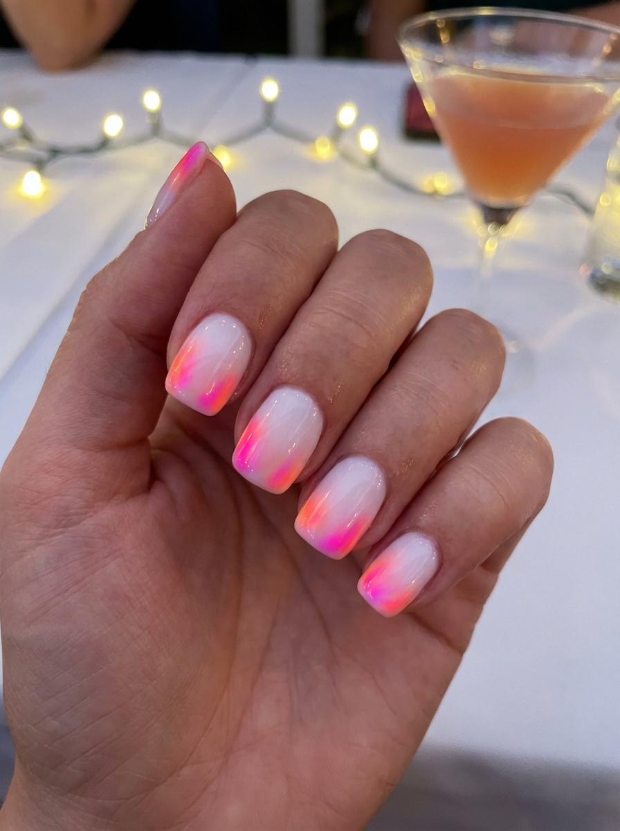 Hand holding a drink, showing nails in white-to-pink ombré with hints of orange, glowing under soft lights as a spring break nail art idea.
