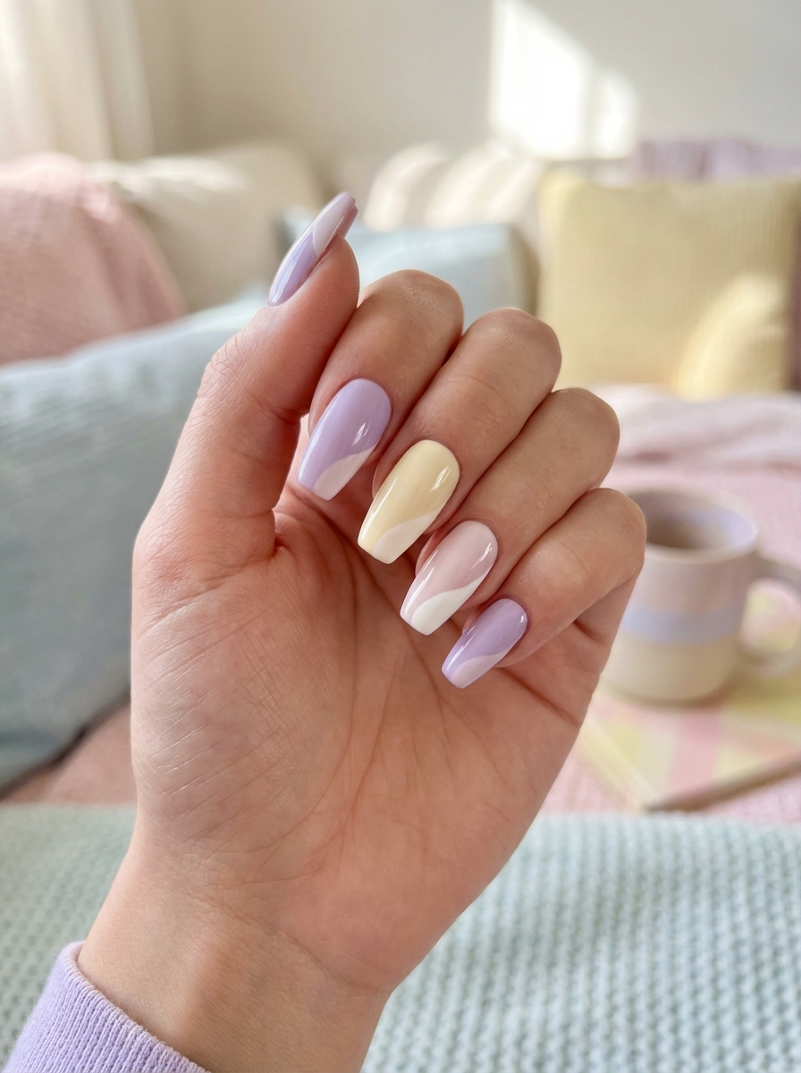 Close-up of a hand with long nails featuring a lavender nail art idea with soft pastel swirls in lilac, cream yellow, blush pink, and white.