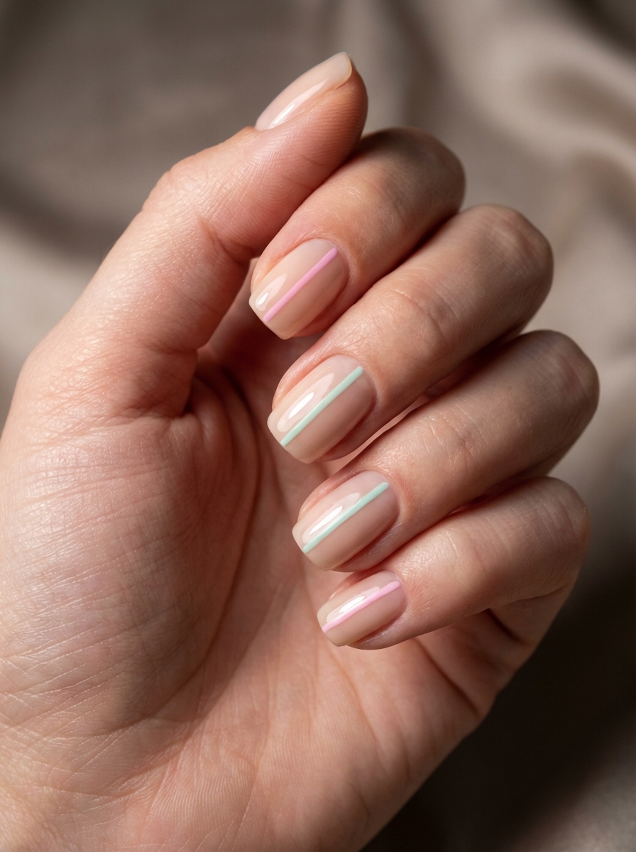 Close-up of hand with glossy nude nails accented by thin mint and soft pink stripes for a subtle yet fresh simple spring nail art idea.
