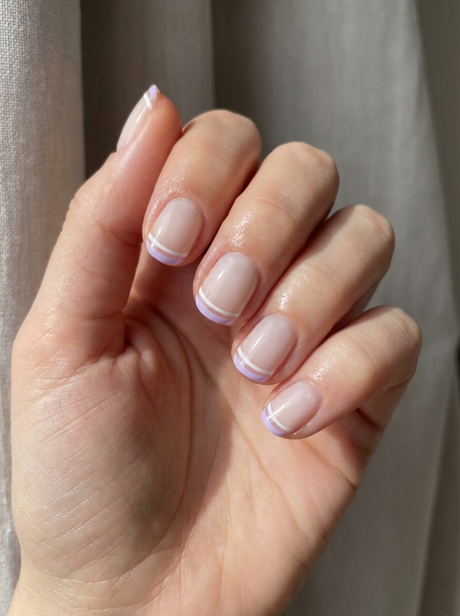 Close-up of a hand with glossy nude nails featuring white and lilac French tips—an elegant and crisp simple spring nail art idea.