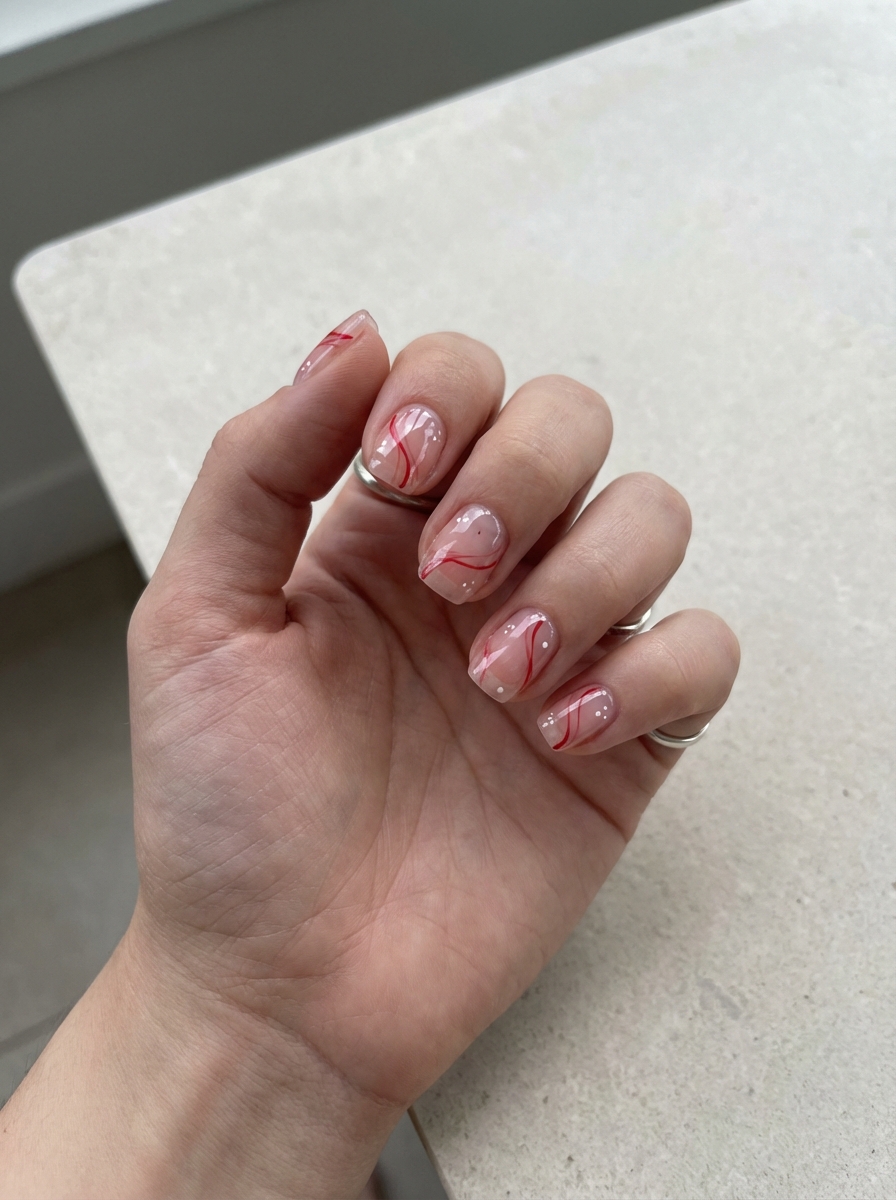 Hand with short nails in sheer pink polish featuring flowing red swirls and subtle white dots—an artistic twist on a cute red nail art idea.