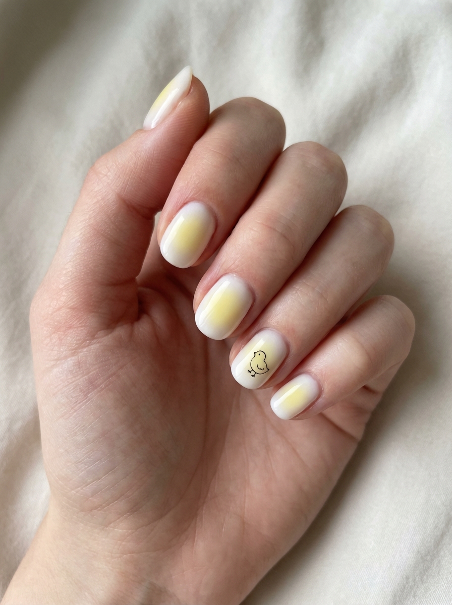 A hand shows a pastel yellow gradient manicure with an outlined baby chick on the ring finger, reflecting a subtle Easter nail art idea.