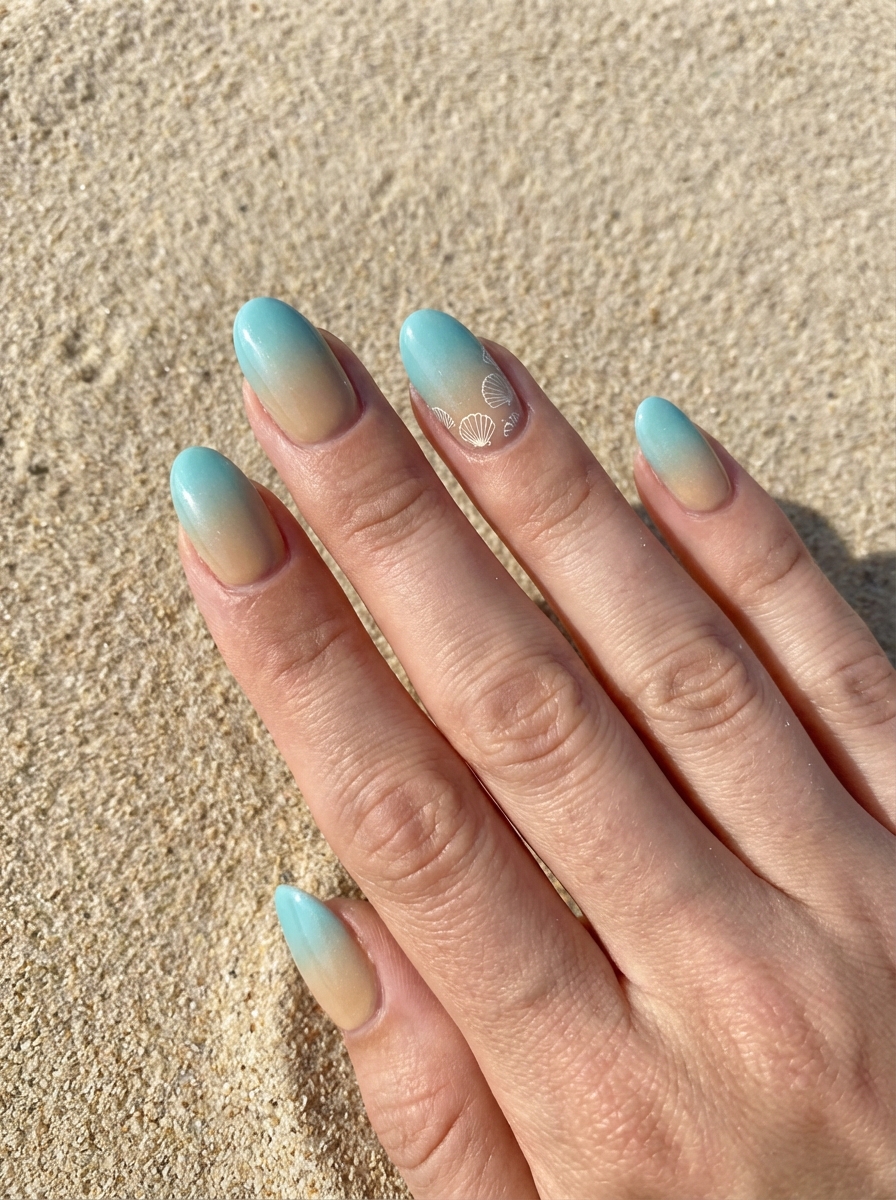 A hand resting on sand, featuring almond-shaped nails with a tan-to-aqua ombré and subtle seashell accents—a dreamy spring break nail art idea.