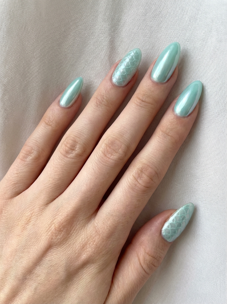Close-up of a hand with long almond-shaped mint chrome nails, two of which feature a mermaid scale design — a dreamy spring break nail art idea.