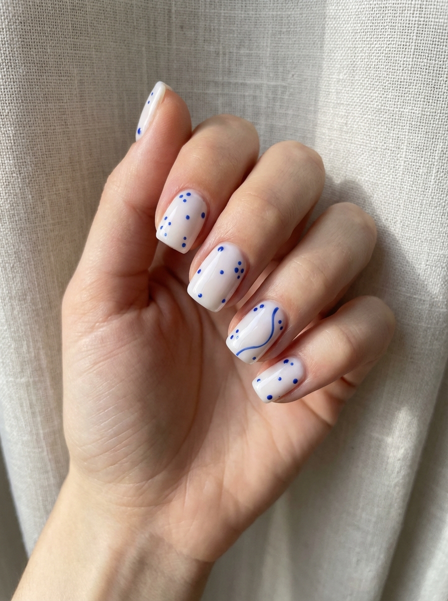 Modern nail design showing white short nails with bold blue dotted accents and a single flowing line—an edgy yet simple spring nail art idea for trendsetters.