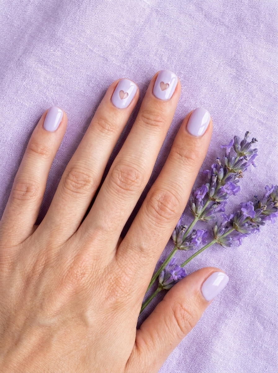 A hand resting on lavender fabric with lavender nail art idea featuring small heart cutouts on short, glossy lilac nails beside sprigs of lavender flowers.