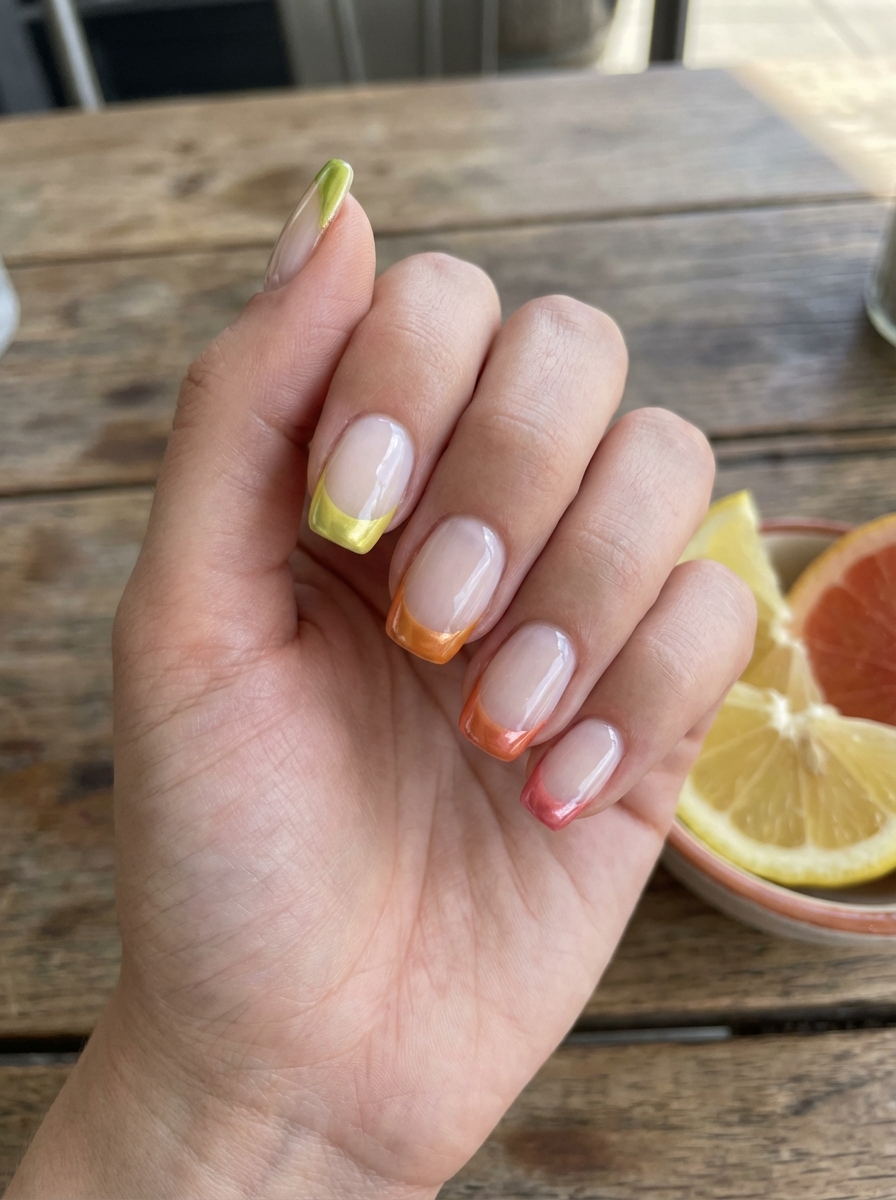 Can your nails taste like summer? This spring break nail art idea brings tangy vibes with translucent green, orange, and pink French tips perfect for beach brunches.