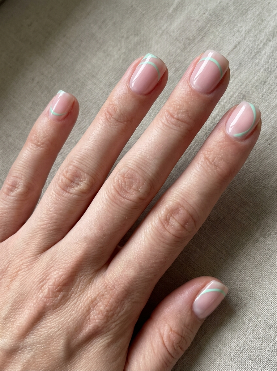 Close-up of a hand showing sheer blush pink nails with delicate mint green tips in angled and curved shapes—a clean and modern simple spring nail art idea.