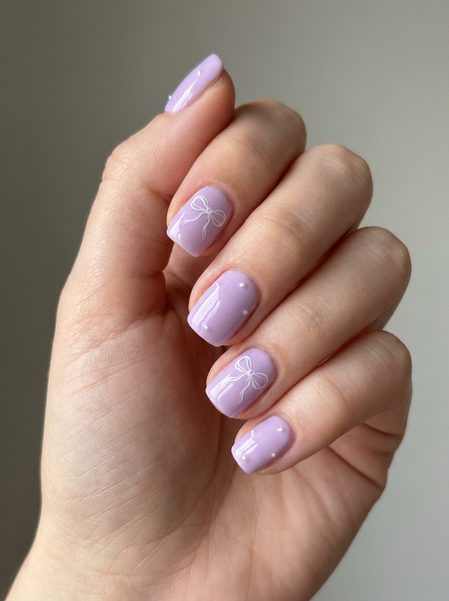 Lavender nail art idea with white bow designs and subtle pearl dots on short square nails, resembling a gift-wrapped manicure.