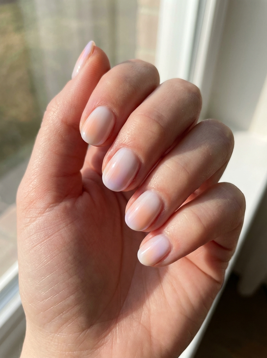 Close-up of a delicate hand with glowing sheer nails blending pastel peach and lavender—subtle yet artistic simple spring nail art idea.