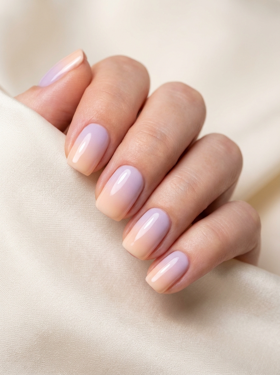 Hand with medium square nails in a smooth peach-to-lilac ombré finish—an elegant and dreamy simple spring nail art idea.