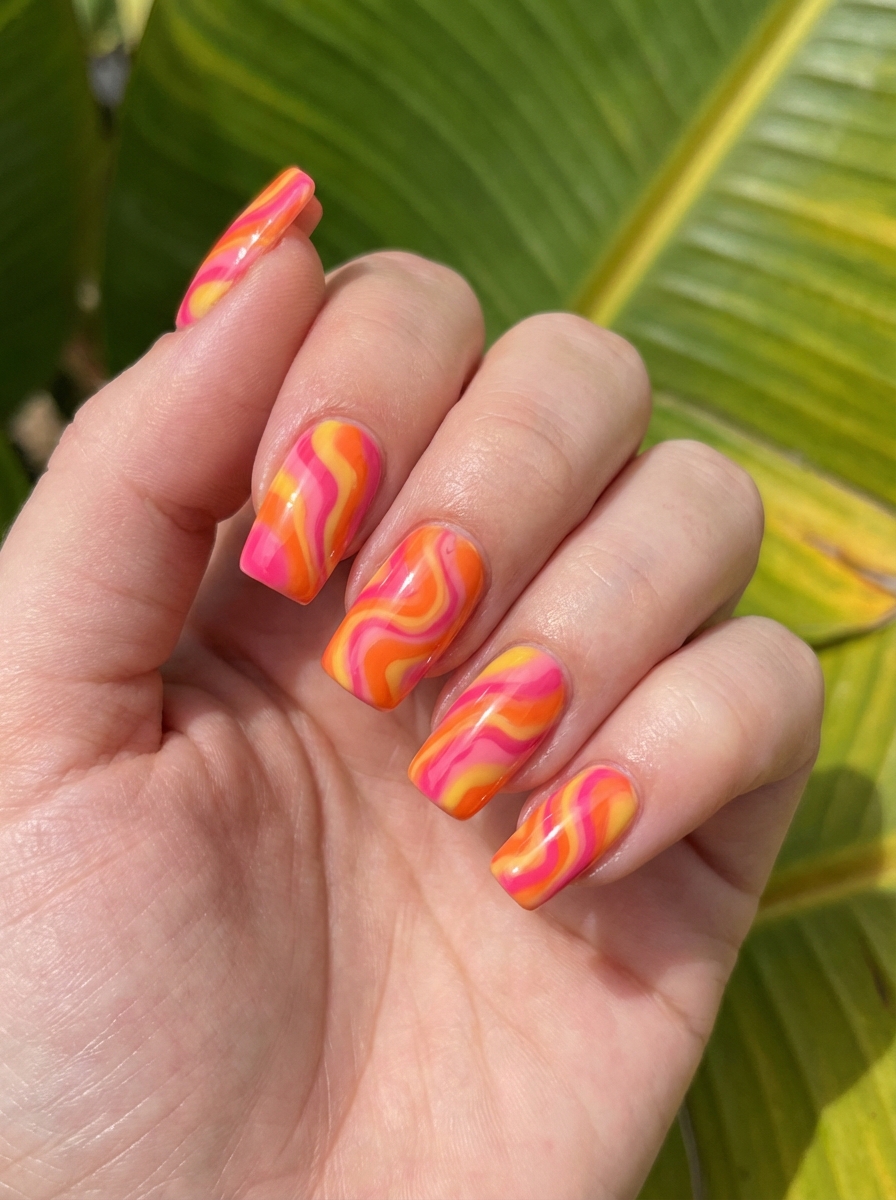 Hand showing vibrant wavy nail design in pink, orange, and yellow—tropical swirl inspired spring break nail art idea against large palm leaves.