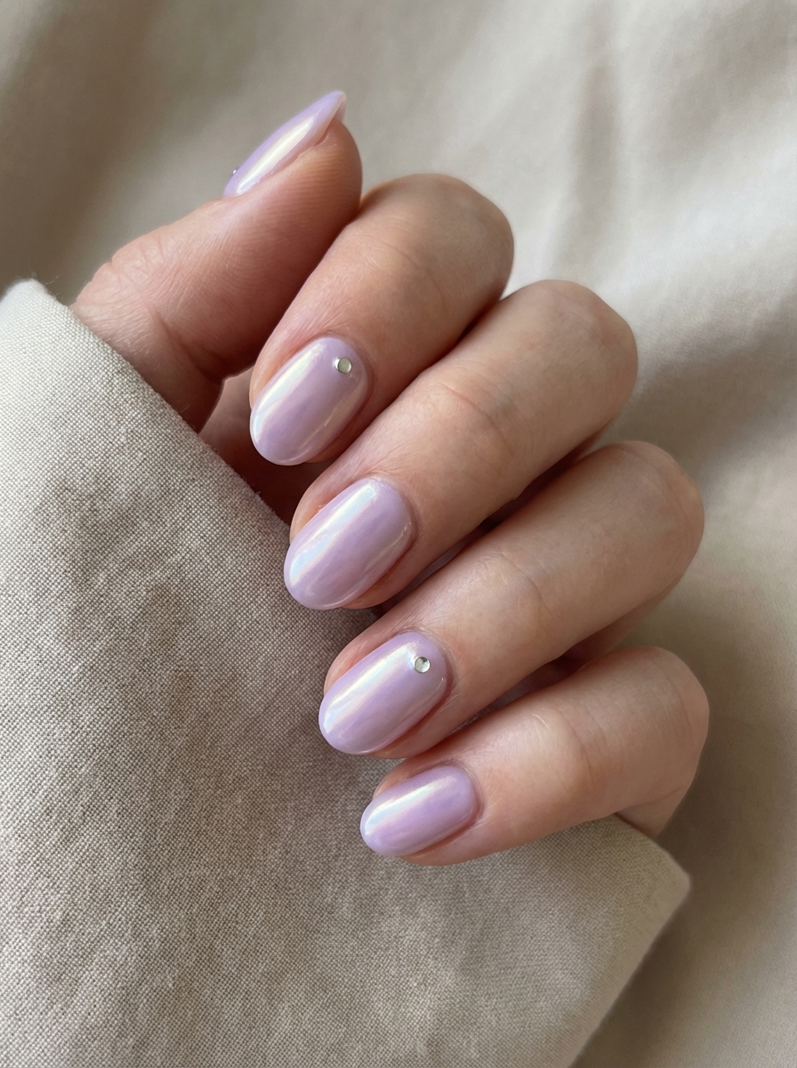 Lavender nail art idea with short rounded nails and a single small rhinestone accent near the base of each nail.