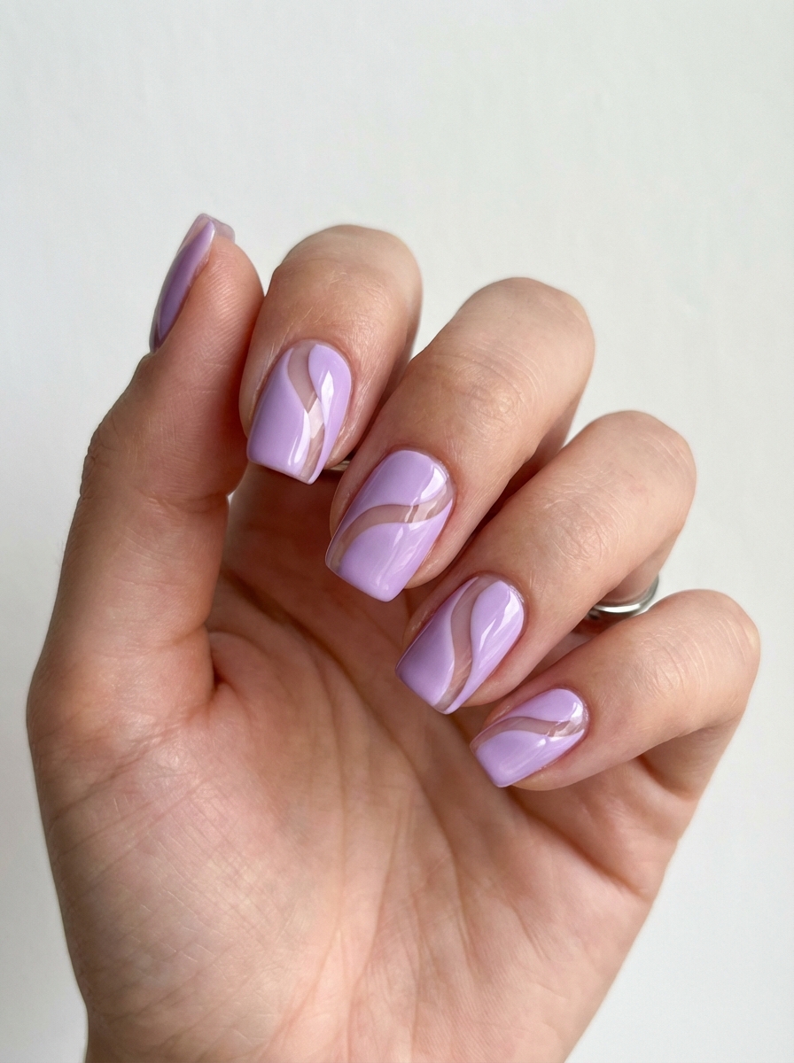 Lavender nail art idea featuring square nails with soft nude negative space swirls for a modern, airy design.