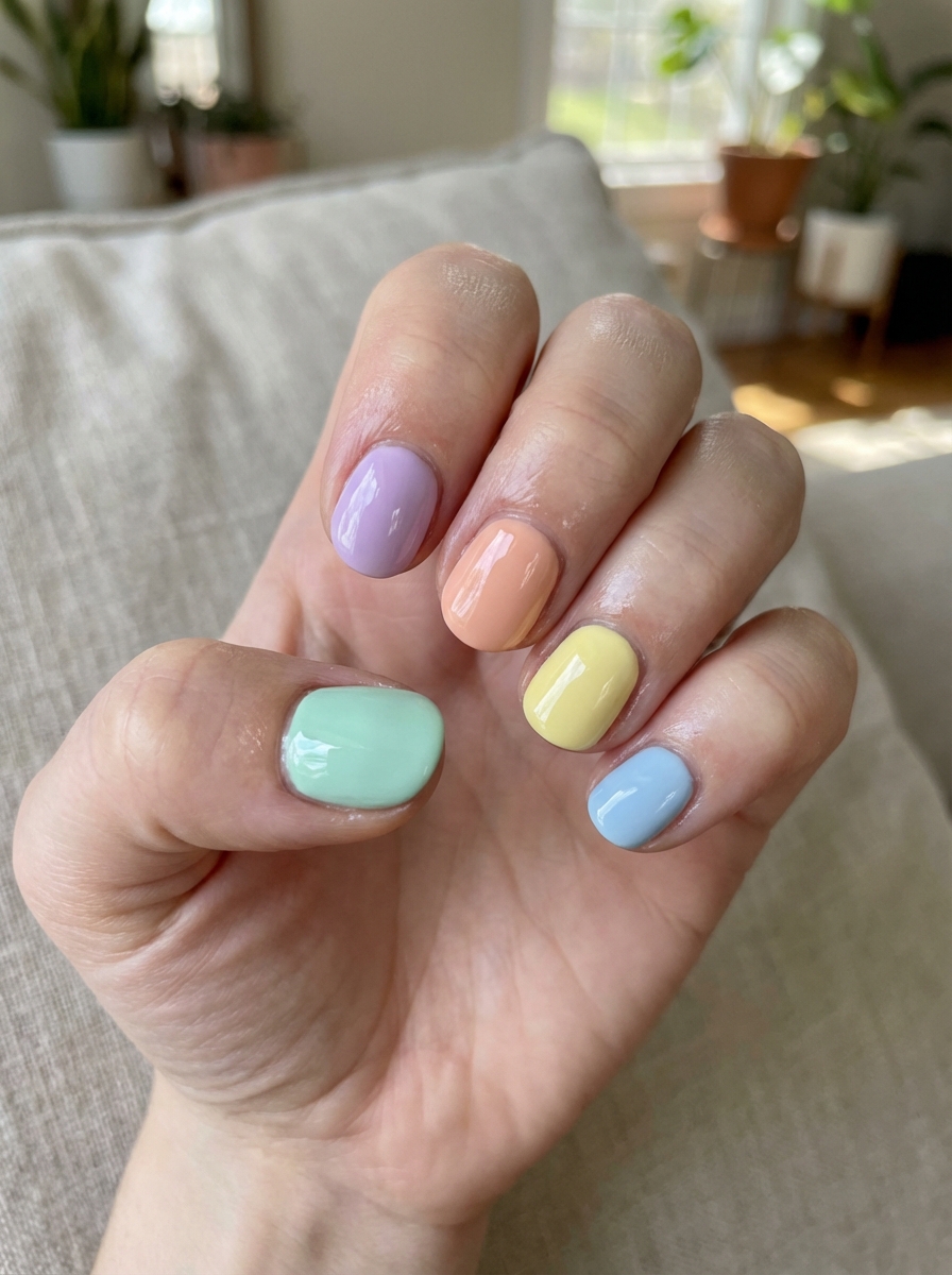 Short pastel-colored nails in mint, lilac, peach, yellow, and blue shades for a sweet and cheerful simple spring nail art idea.
