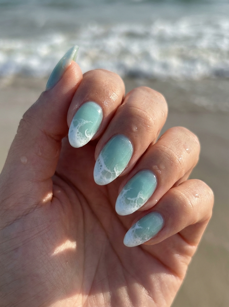 Beachside hand with rounded teal nails and foamy white wave tips, showing off a bold spring break nail art idea with water-inspired style.