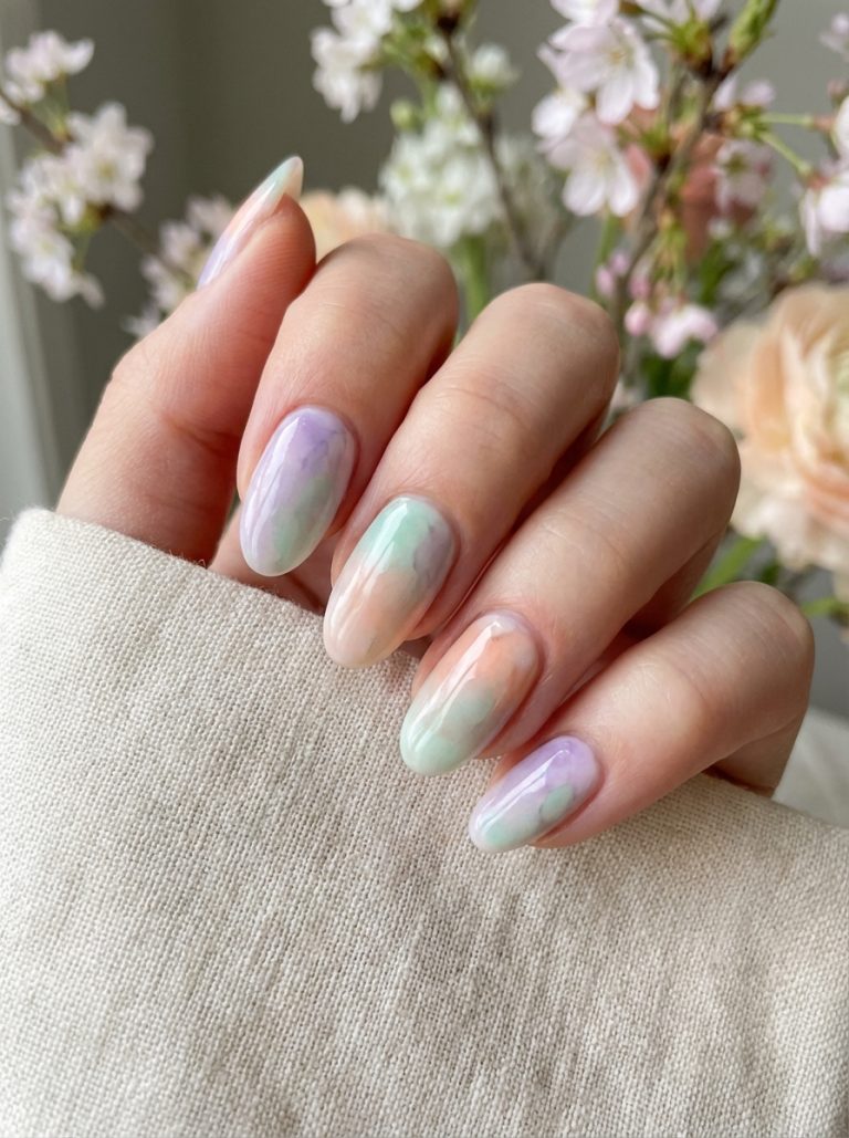 A hand with pastel-colored, marble effect nails, in shades of purple, green, and peach, with a soft-focus floral background.