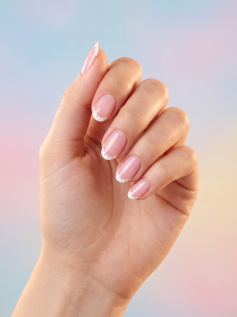 Hand with light pink nails and white scalloped tips, showing a whimsical simple spring nail art idea.
