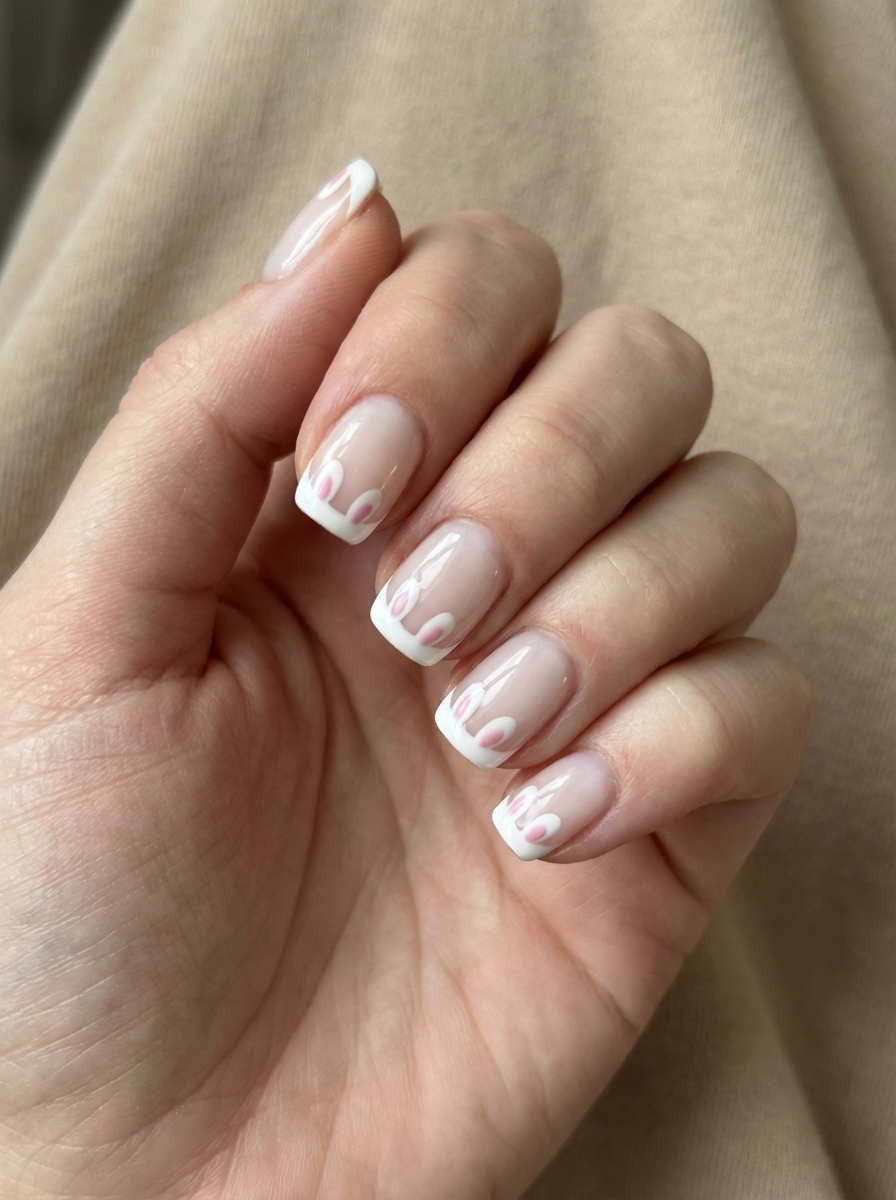 Close-up of a hand with square nude nails, each tip designed with white and pink bunny ears, a charming easter nail art idea full of personality.