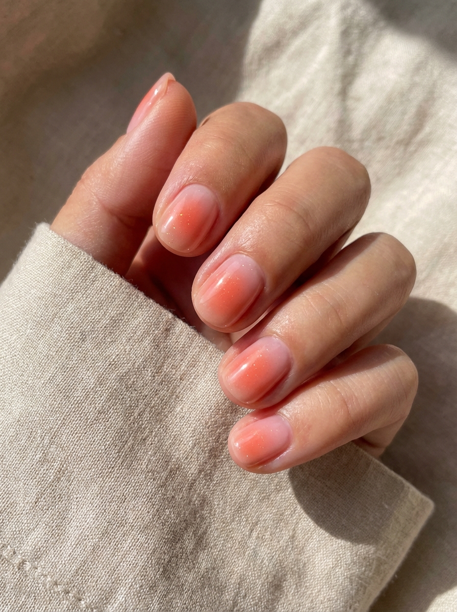 Close-up of a hand with short, rounded nails in a glossy coral-pink wash—an elegant spring break nail art idea that evokes a soft sunset glow.